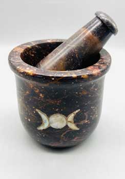 Pearl Inlain Triple Moon Soapstone Mortar and Pestle Set