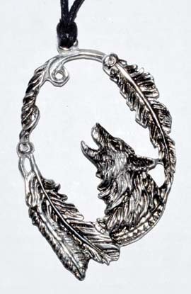 Wolf with Feathers amulet 3 1/4