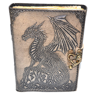 Dragon on Rock aged looking paper leather w/ latch