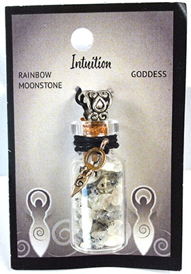 Rainbow Moonstone Chips in Bottle with Goddess necklace