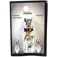Rainbow Moonstone Chips in Bottle with Goddess necklace
