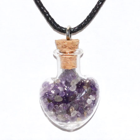 Amethyst chips in Heart bottle necklace