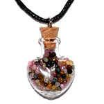 Tourmaline, Mixed chips in Heart bottle necklace